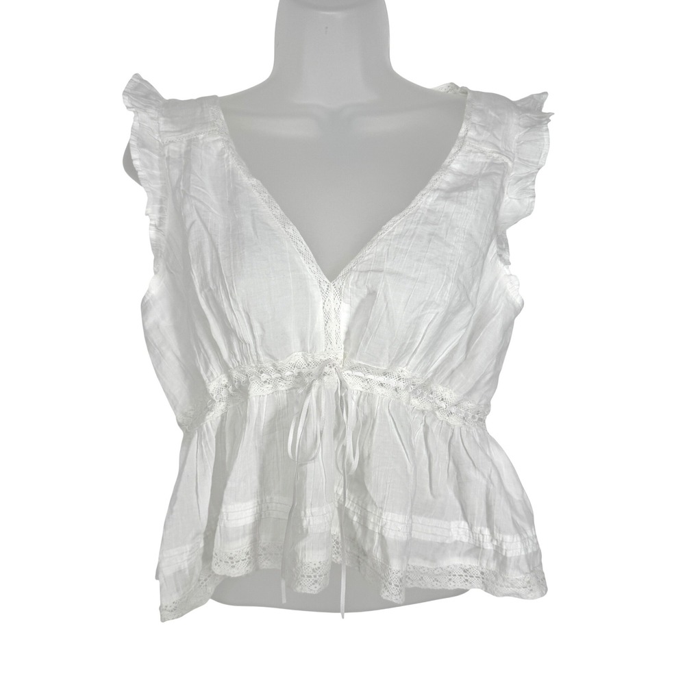 American Eagle White Cotton Lace Trim Ruffle Peasant Peplum Top Size S Edwardian